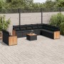 vidaXL 11-tlg. Garten-Sofagarnitur aus schwarzem Rattan mit Kissen und Akazientisch.