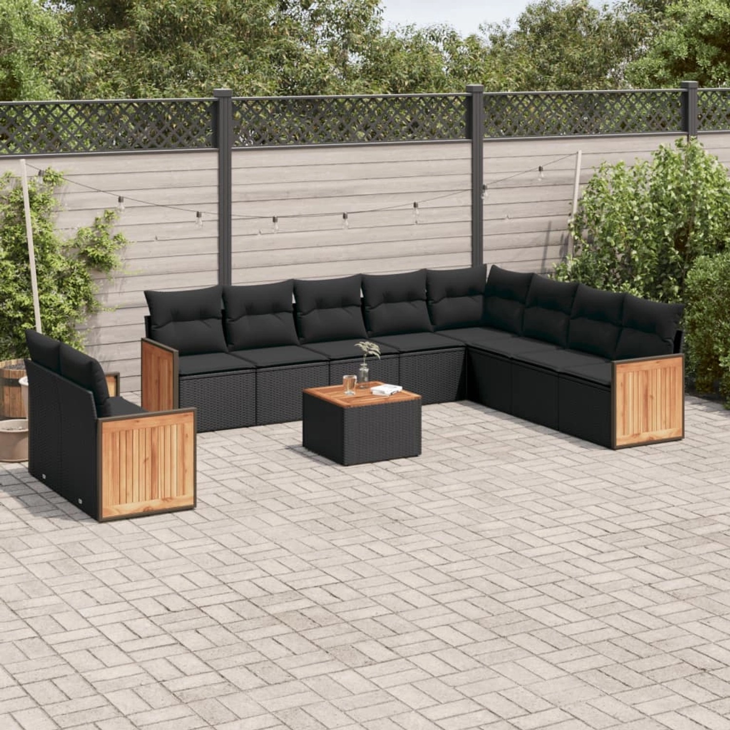 vidaXL 11-tlg. Garten-Sofagarnitur aus schwarzem Rattan mit Kissen und Akazientisch.