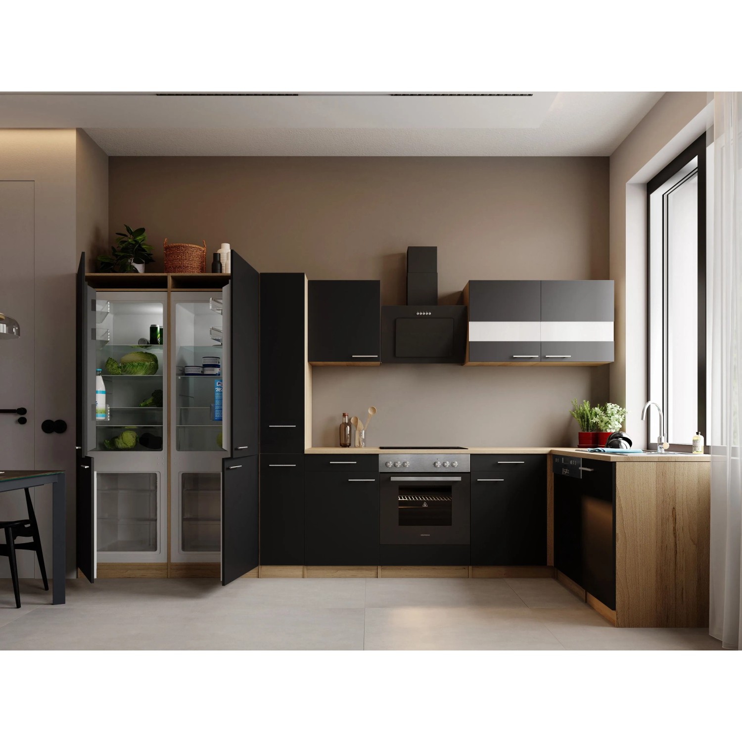 Respekta Merle L-Küche 370 cm French Door Optik Schwarz
