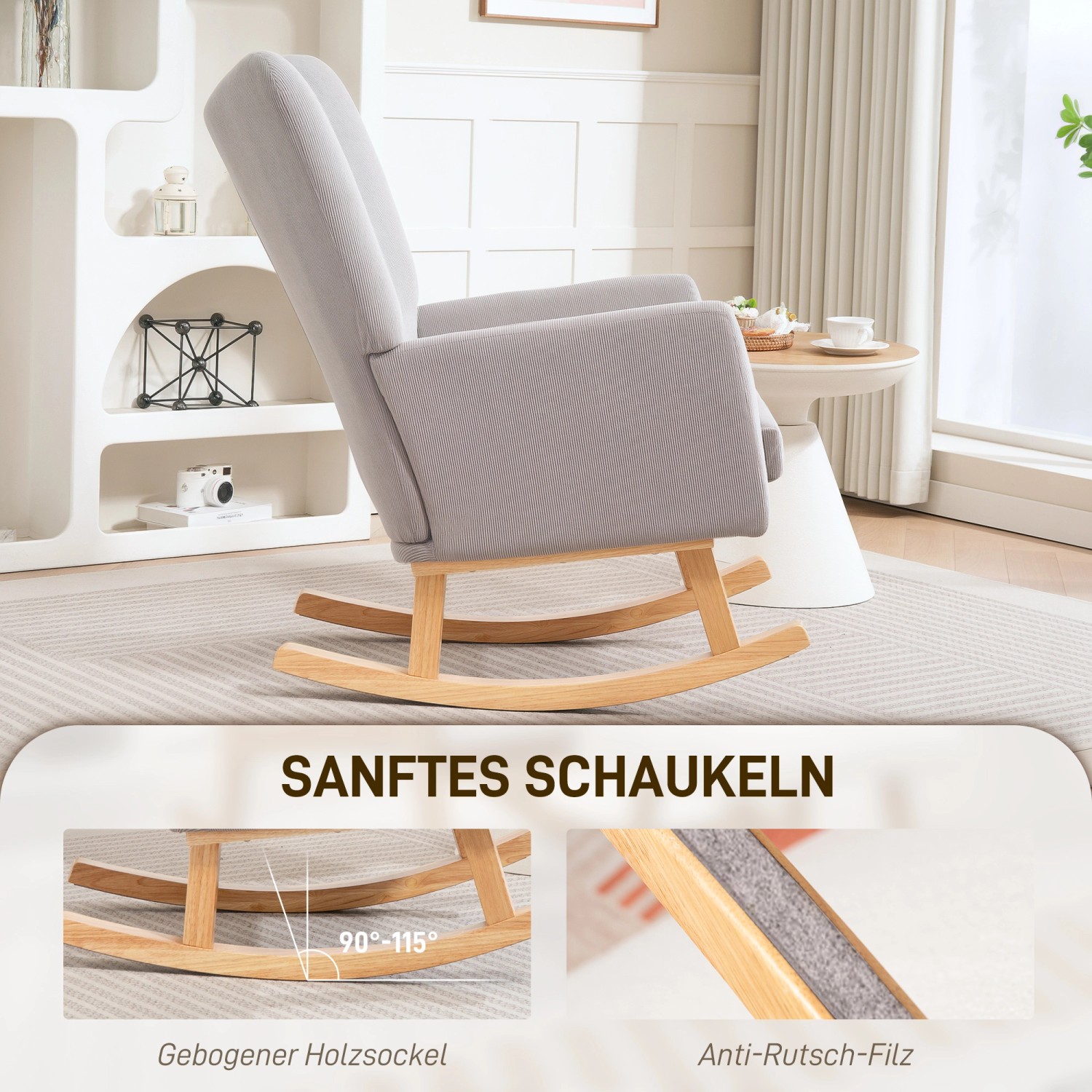 Hellgrauer HOMCOM Schaukelstuhl aus Polyester mit Kautschukholz-Gestell.