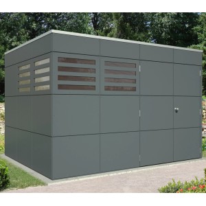 Modernes Skan Holz Gartenhaus Brisbane 4 in Schiefergrau mit Doppeltür und Fenstern.