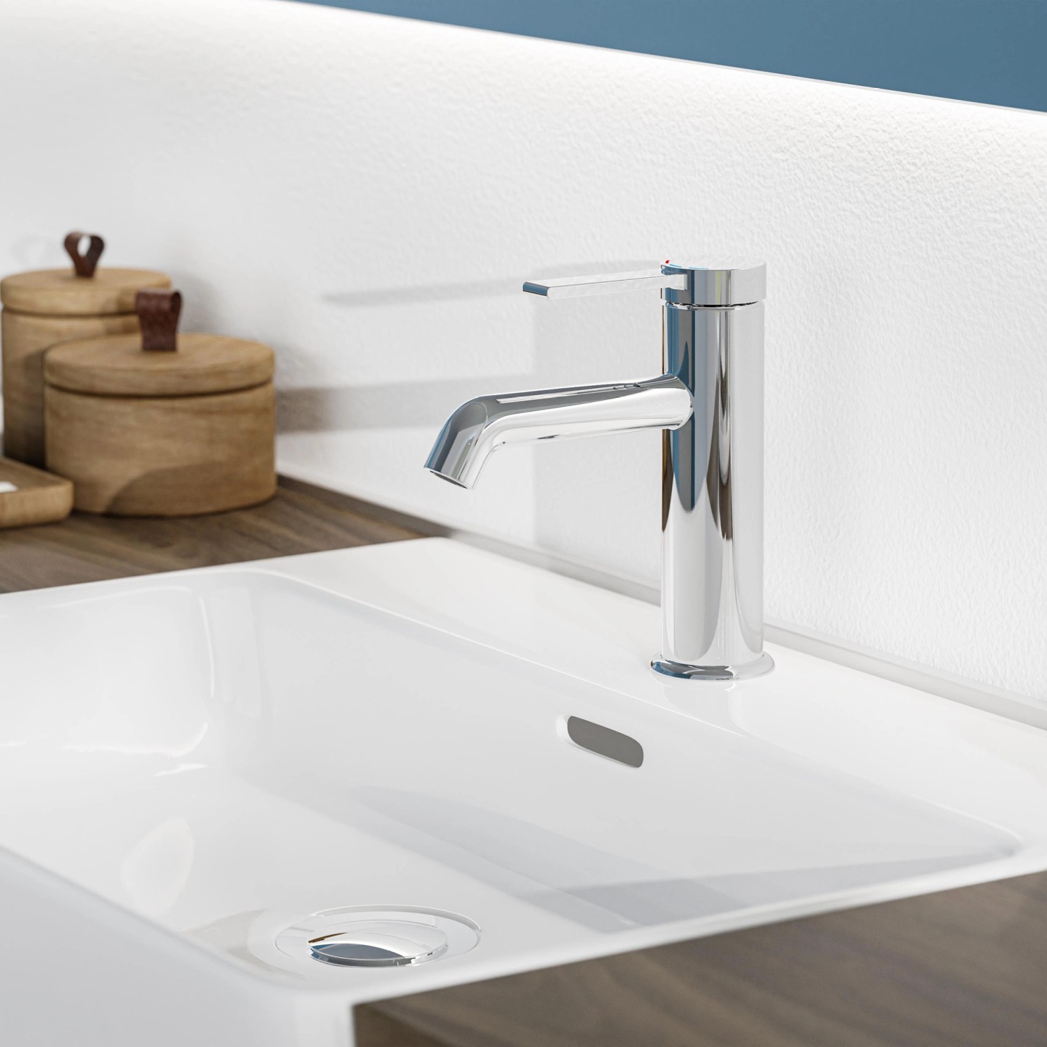 Schütte Waschtischarmatur Los Angeles Chrom auf weißem Waschbecken. Elegantes Design.