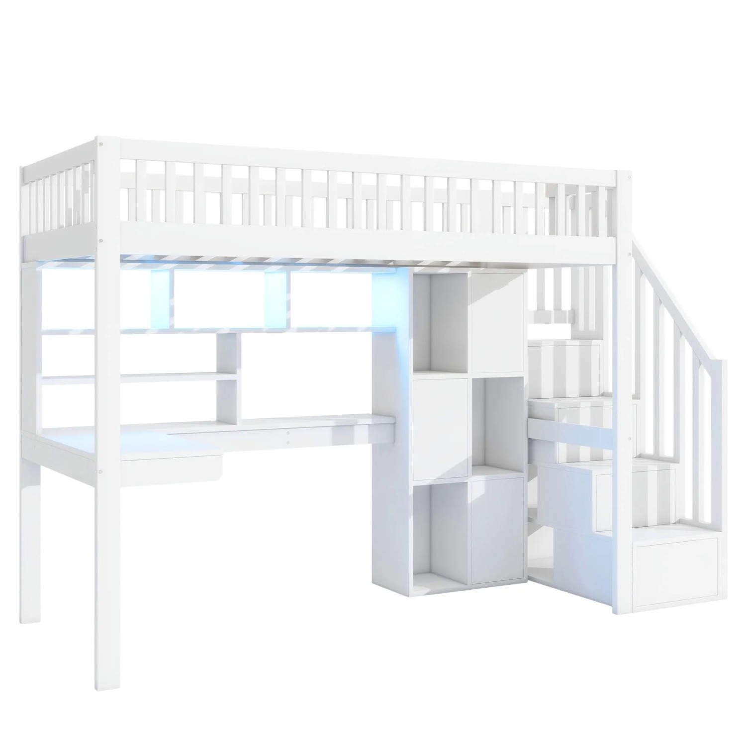 okwish Hochbett 90x200cm mit LED Leuchten und Schreibtisch Weiß ohne Matratze