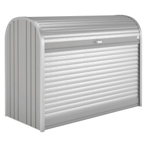 Biohort StoreMax 160 Gartenbox in Quarzgrau mit Rollladen und Zylinderschloss.