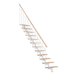 Minka Mittelholmtreppe Style, Buche/Weiß: Gerade Treppe mit Holzstufen und weißem Geländer.