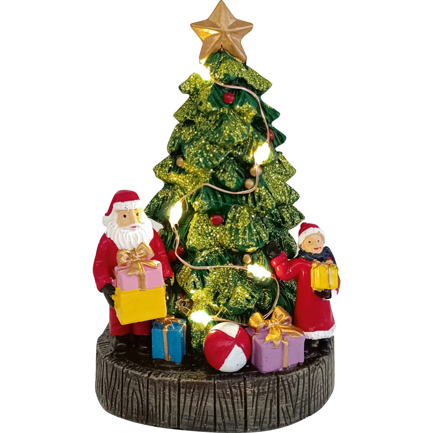 OBI Weihnachtsdorf Figur: Grüner Weihnachtsbaum mit Lichtern, Weihnachtsmann, Kind und Geschenken auf Holzsockel.