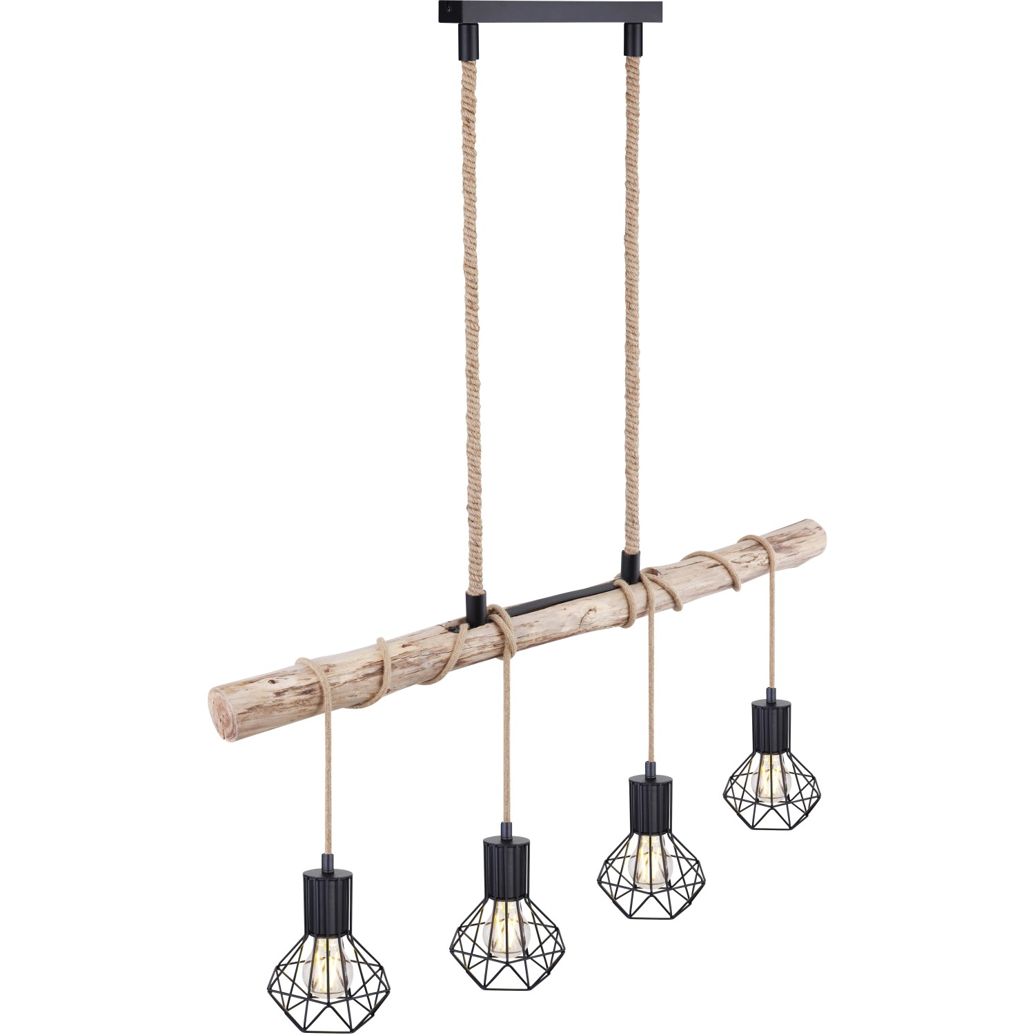 Schwarze 4-flammige Pendelleuchte Priska mit Holz und Hanfseil, modernes Design für den Innenbereich.