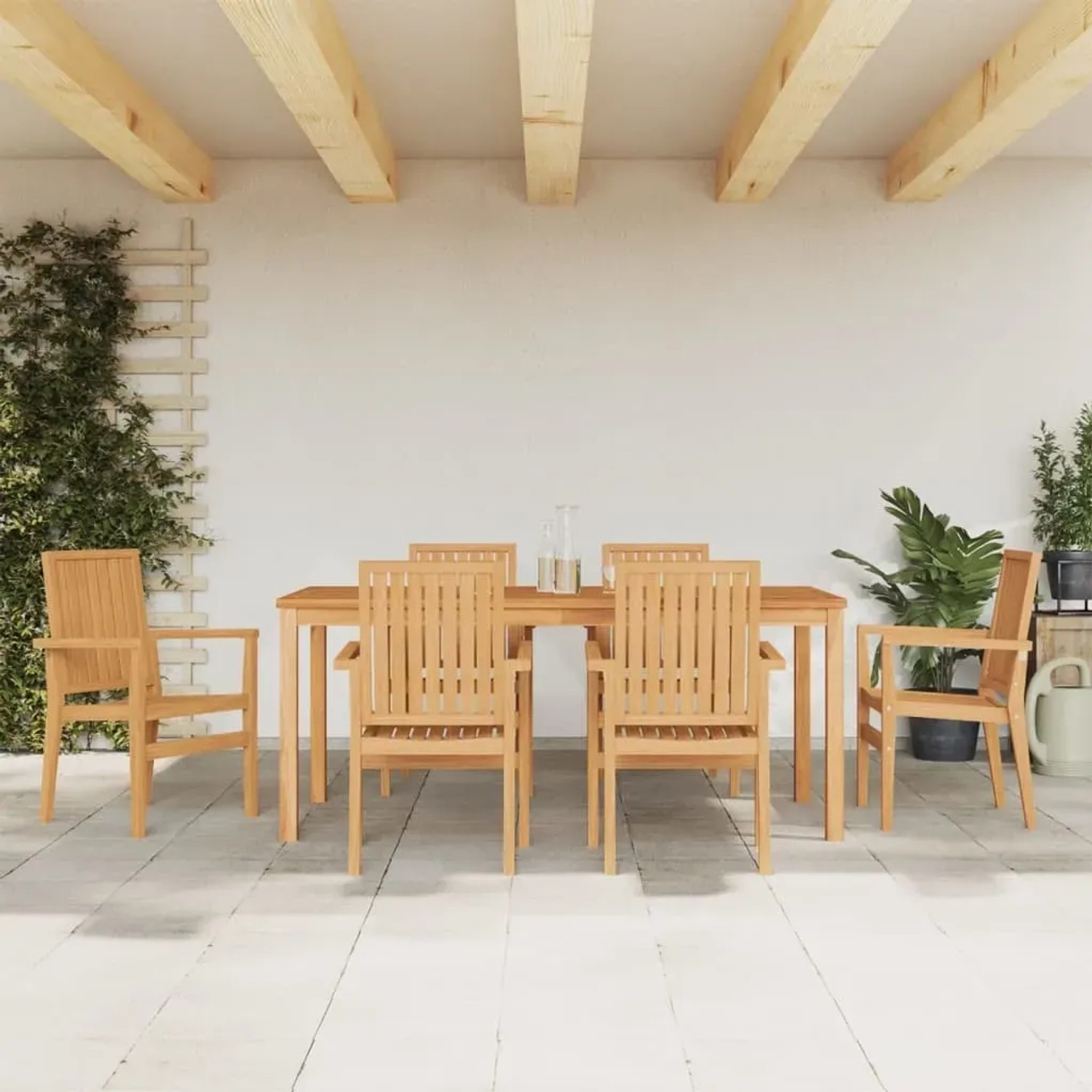 7-teilige Garten-Essgruppe aus Teakholz: Tisch und 6 Stühle für den Garten oder die Terrasse.