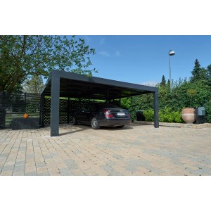 Allview CUBUS Doppelcarport in Grauschwarz (RAL 7021) mit Auto.