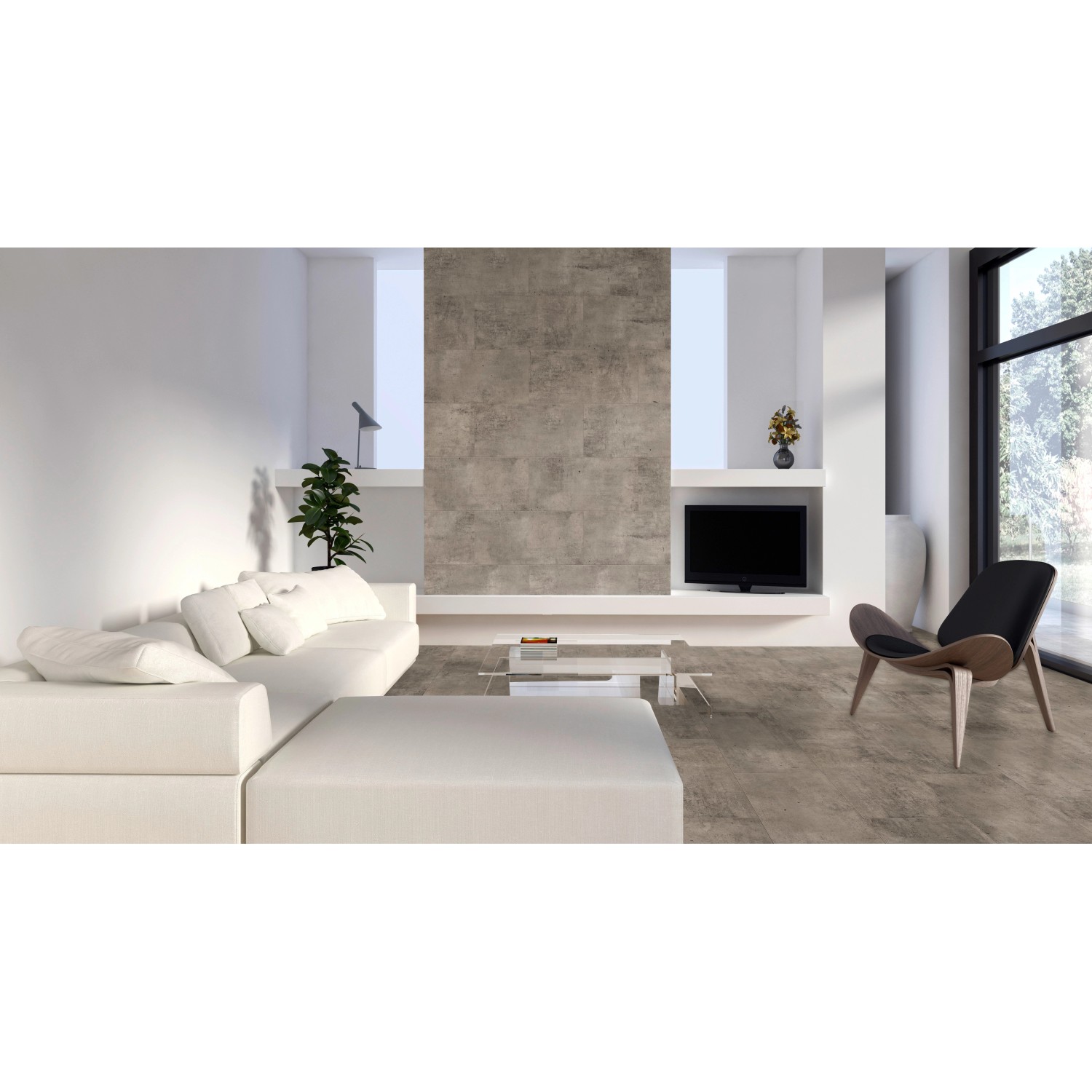 Wohnraum mit Classen Ceramin Fliese Neo Vario Prima in Steinoptik als Boden- und Wandfliese.