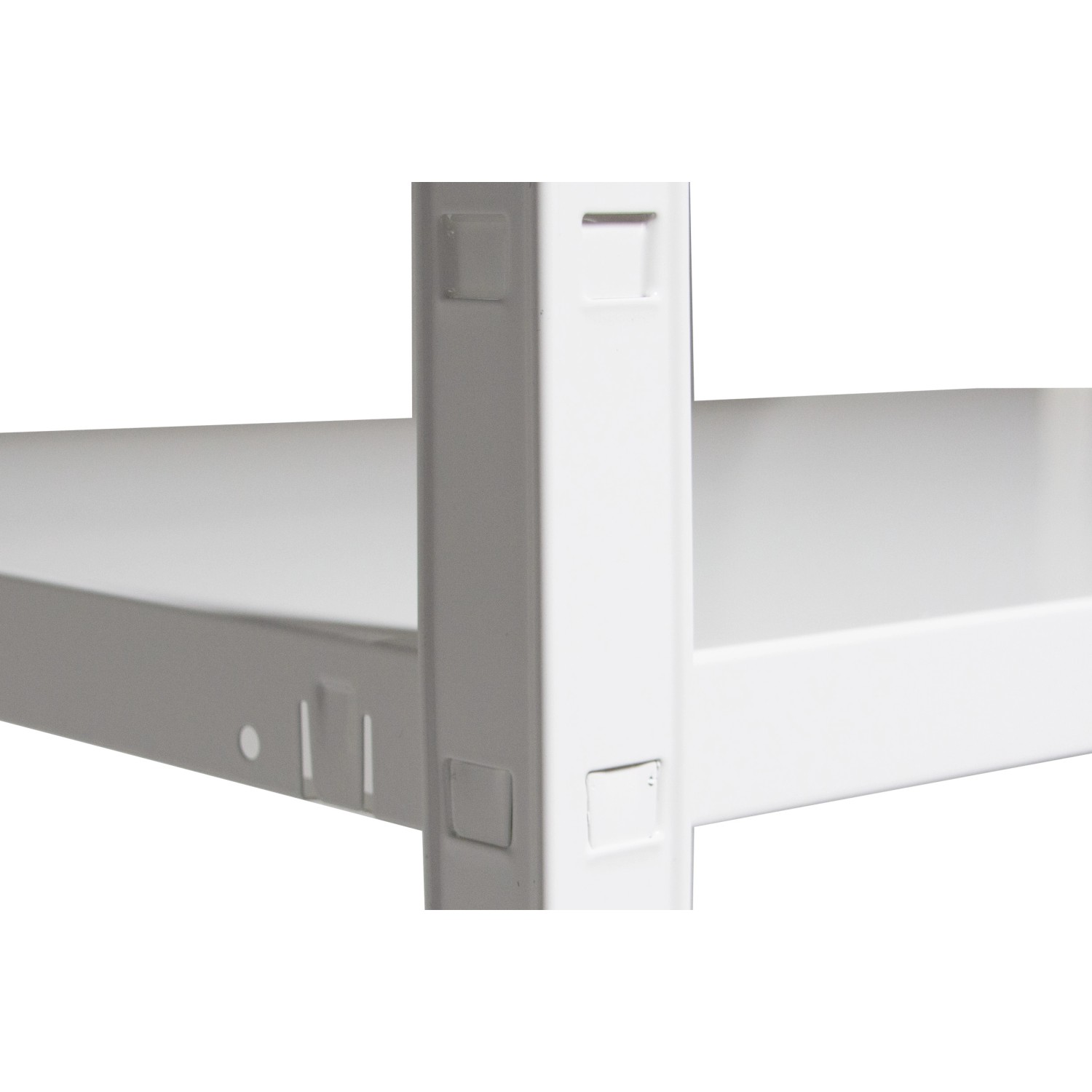 Detailaufnahme: Weißes Schulte Steckregal, 250x100x50 cm, mit PowerMAX Fachböden.