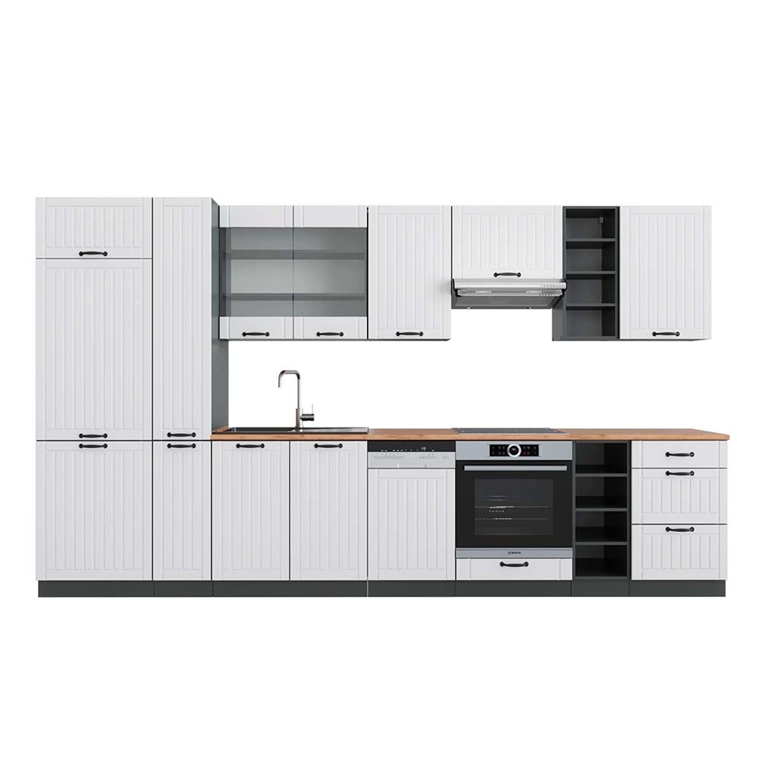 Vicco Fame-Line Küchenzeile Weiß Landhaus/Anthrazit 355 cm AP Eiche günstig online kaufen
