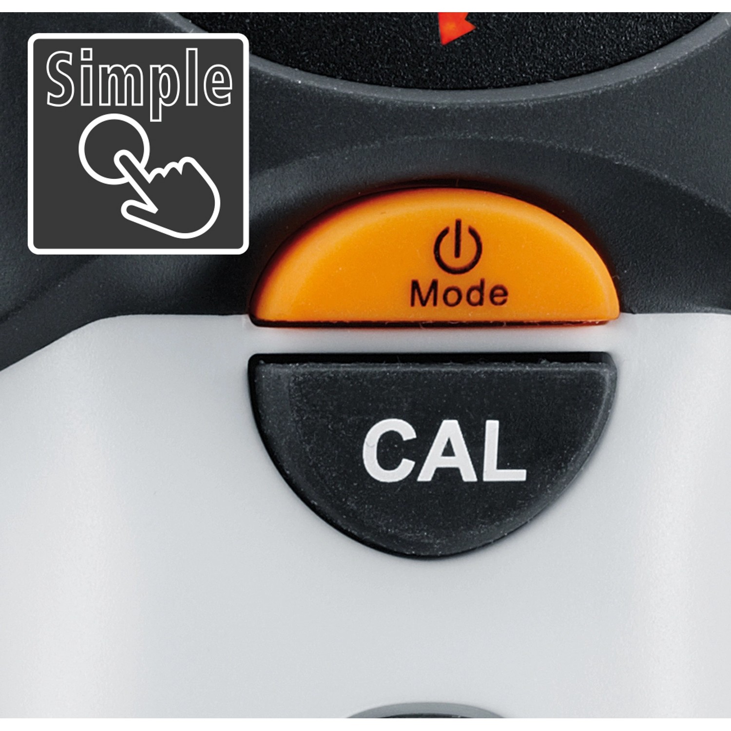 Detailaufnahme: Laserliner MultiFinder Plus Ortungsgerät mit Bedienknöpfen für Modus und Kalibrierung.