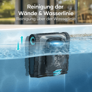 Aiper Scuba S1 Poolroboter reinigt Wände und Wasserlinie. Dunkler Roboter mit blauen Akzenten bewegt sich im Pool.