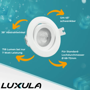 Weißer LUXULA LED Einbauspot, schwenkbar, 7W, 718lm, IP44, für flexible Beleuchtung.