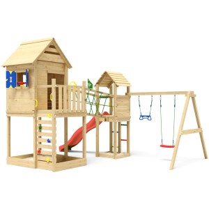 Jungle Gym Spielturm Retreat mit Doppelschaukel, roter Rutsche und Fensterläden.