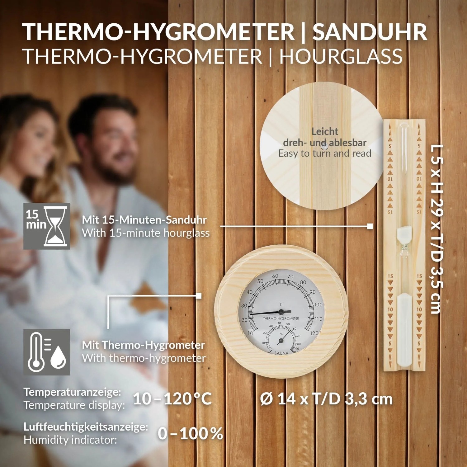 LuxeBath Saunazubehör Set 4 Teilig aus Holz Saunaeimer 4L Saunakelle Thermometer-Hygrometer Sanduhr_4