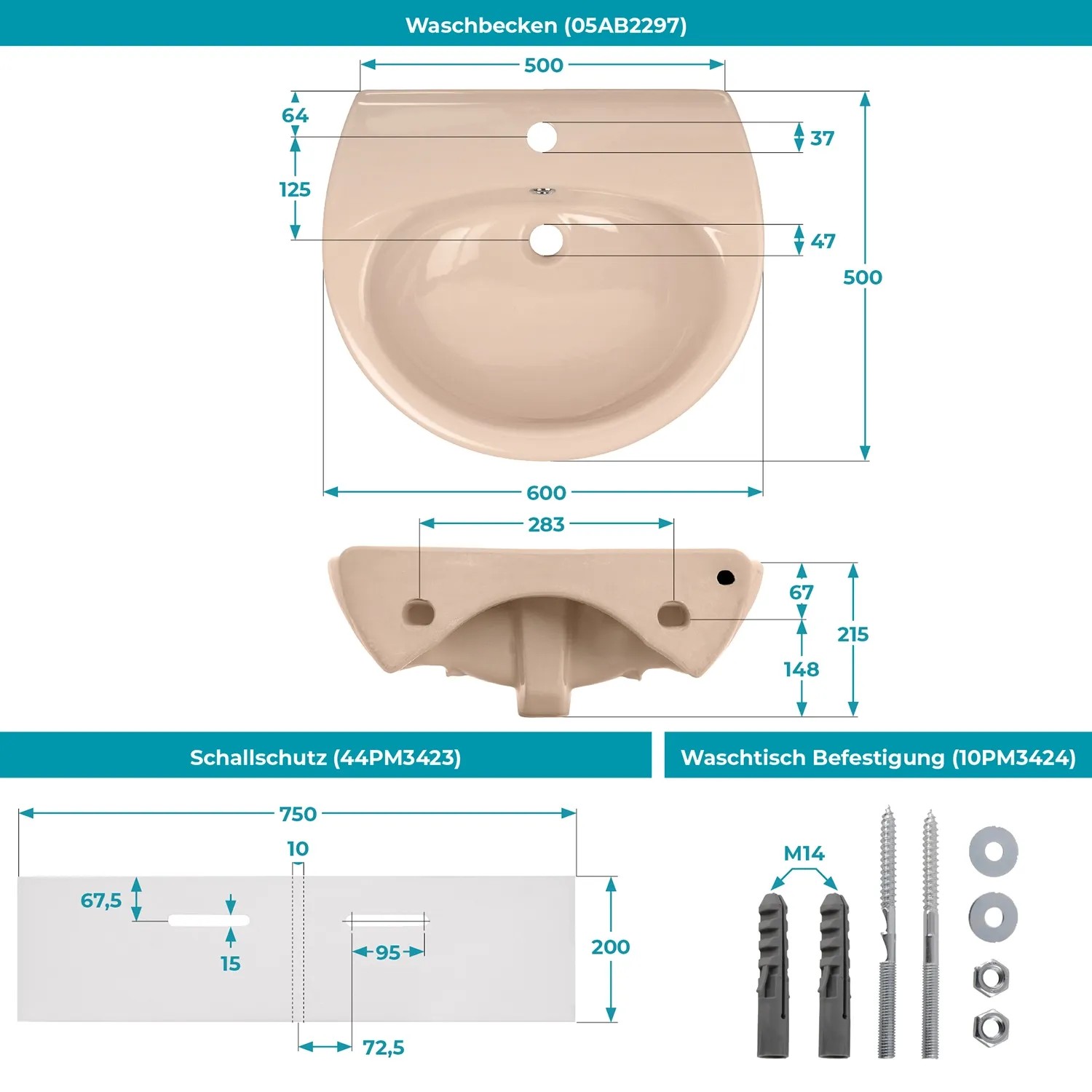 Calmwaters Hänge-Waschbecken 60 cm Beige-Bahamabeige Set  