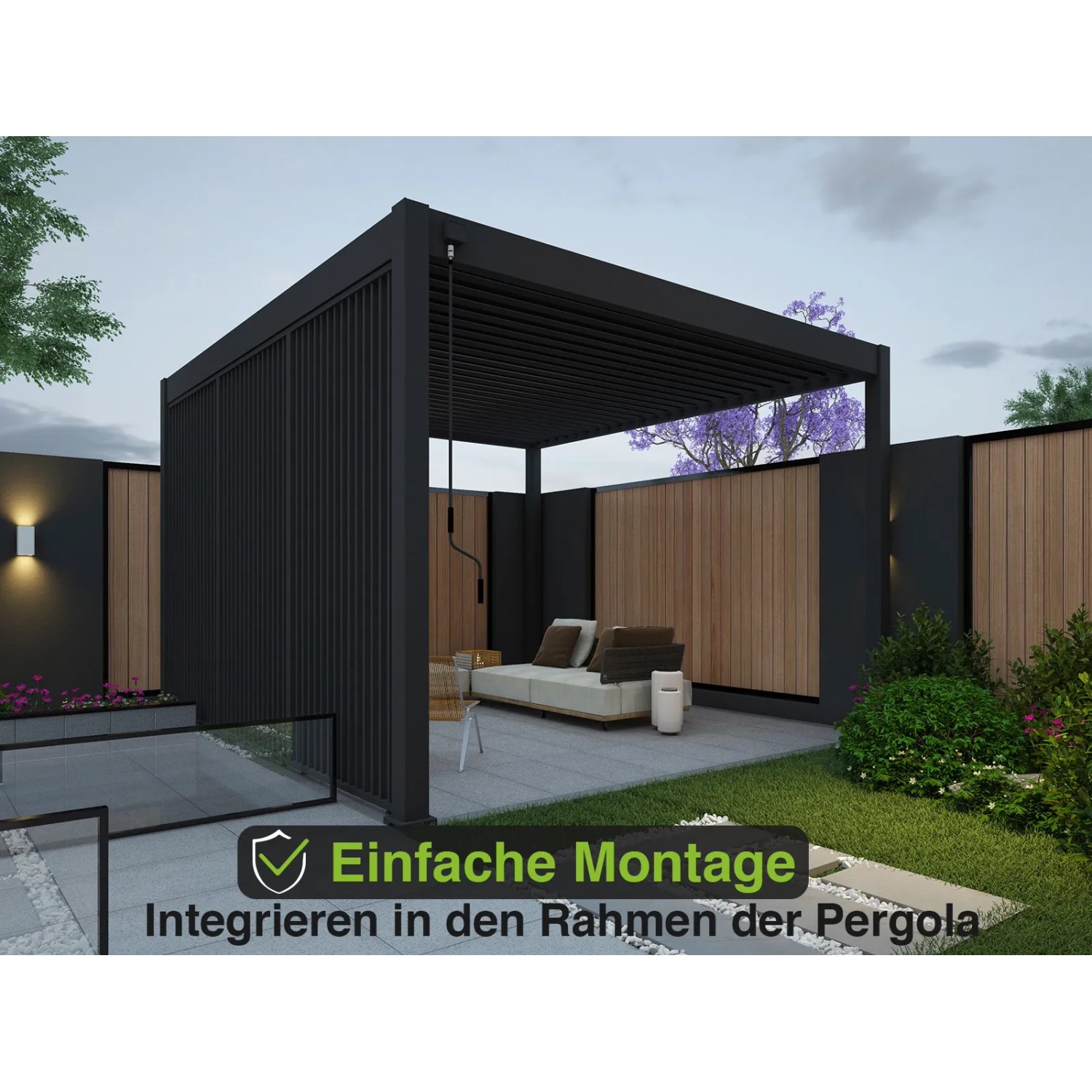 Anthrazitfarbene Weide Lamellenwand aus Aluminium für Weide Pergola, seitliche Montage.