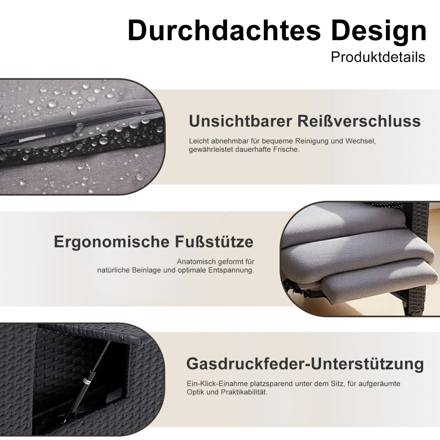Details des Rattansessels mit verstellbarer Lehne und Fußstütze.