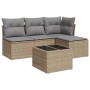 Beige 5-tlg. Garten-Sofagarnitur aus Rattan mit grauen Kissen. Ideal für Terrasse und Garten.