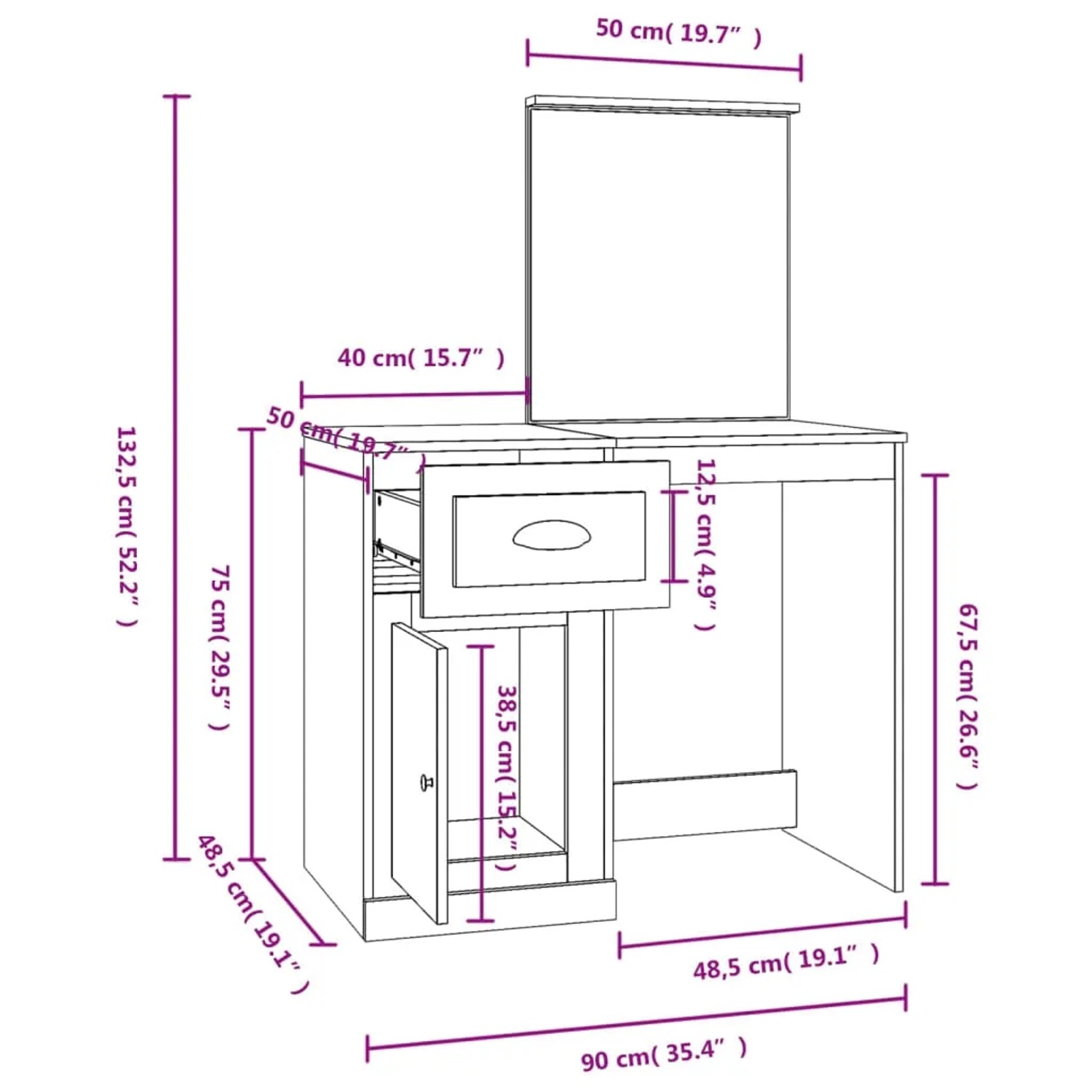 vidaXL Schminktisch in Betongrau mit Spiegel, Schublade und Schrankfach. Abmessungen: 90x50x132,5 cm.