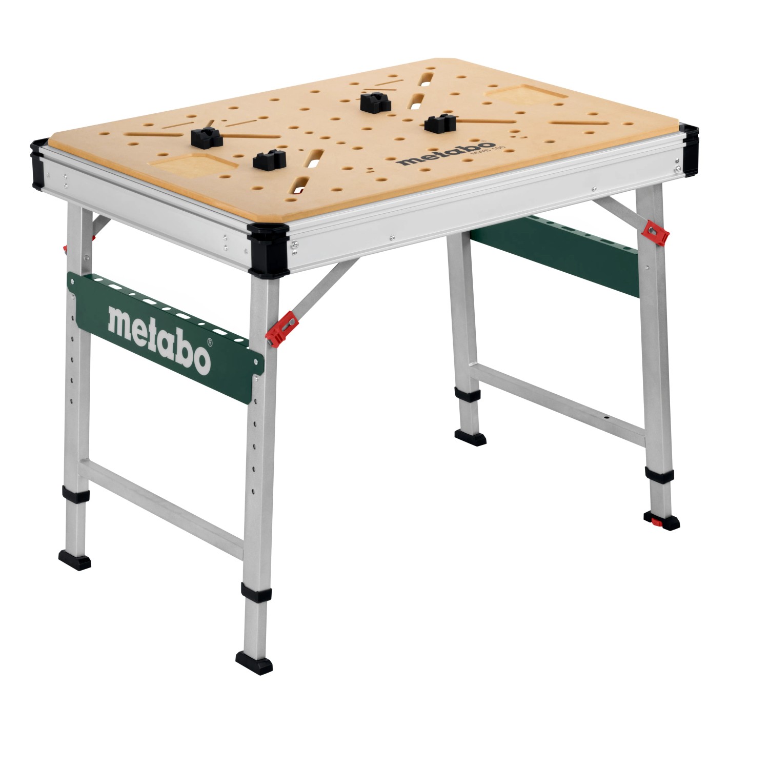 Metabo Multifunktionstisch MWB 100: Mobile Werkbank mit Lochraster-Tischplatte und Aluminiumrahmen.