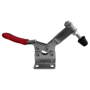 SOTECH Kniehebelspanner aus verzinktem Stahl mit rotem Griff, 90 kg Haltekraft für präzises Fixieren von Werkstücken.