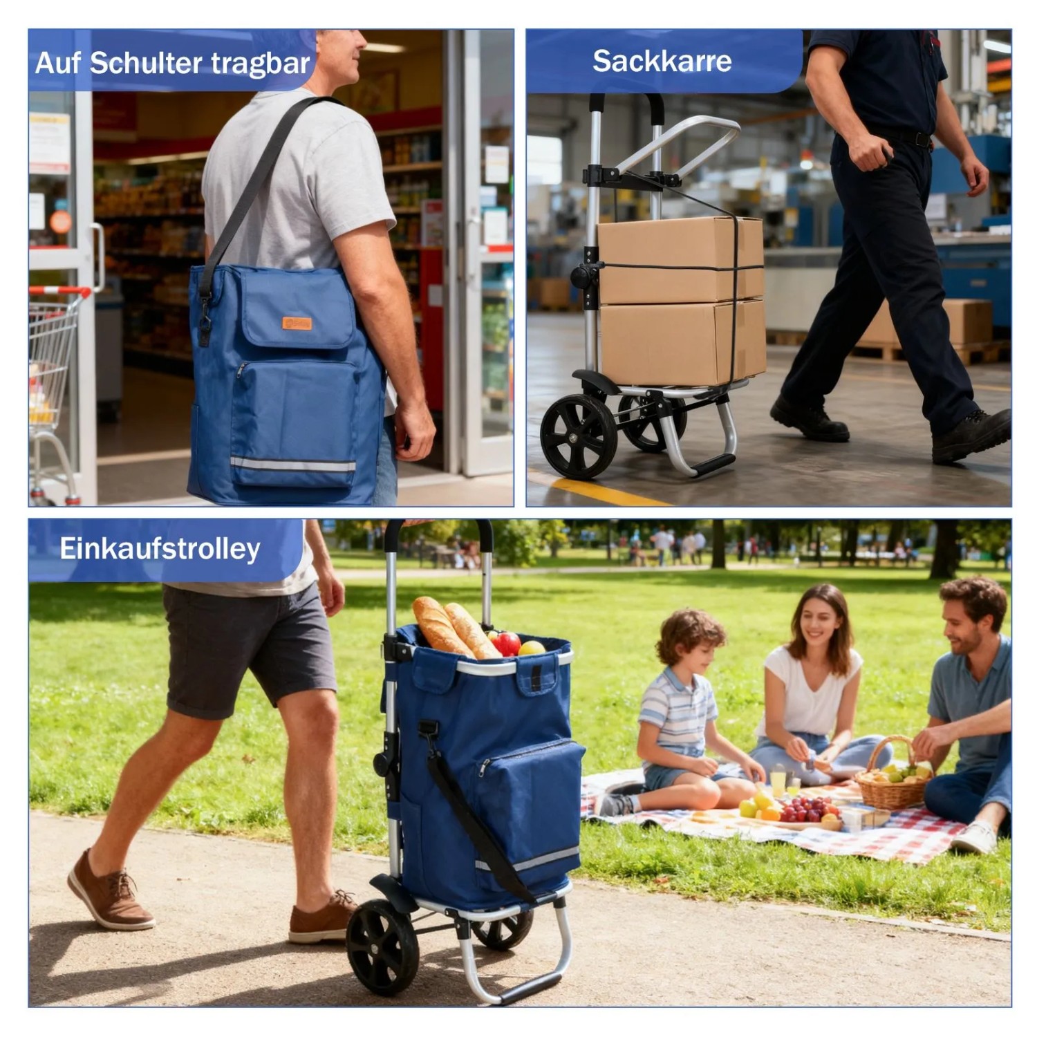 Sekey 3-in-1 Einkaufstrolley blau: Faltbarer Trolley als Einkaufswagen, Sackkarre und Umhängetasche.