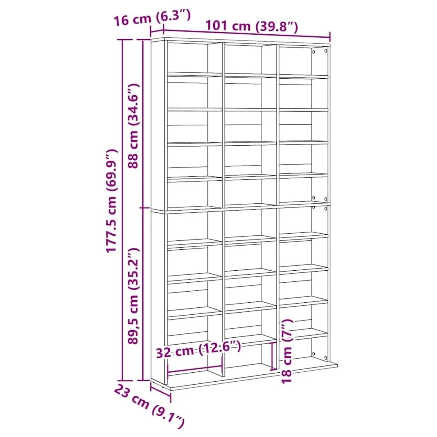 vidaXL CD Regal in Schwarz Eichen-Optik, 101x23x177,5 cm, Holzwerkstoff, Wohnzimmerschrank.