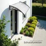 Transparentes Tectake Vordach in Bogenform über einer Haustür, wetterfest und modern.