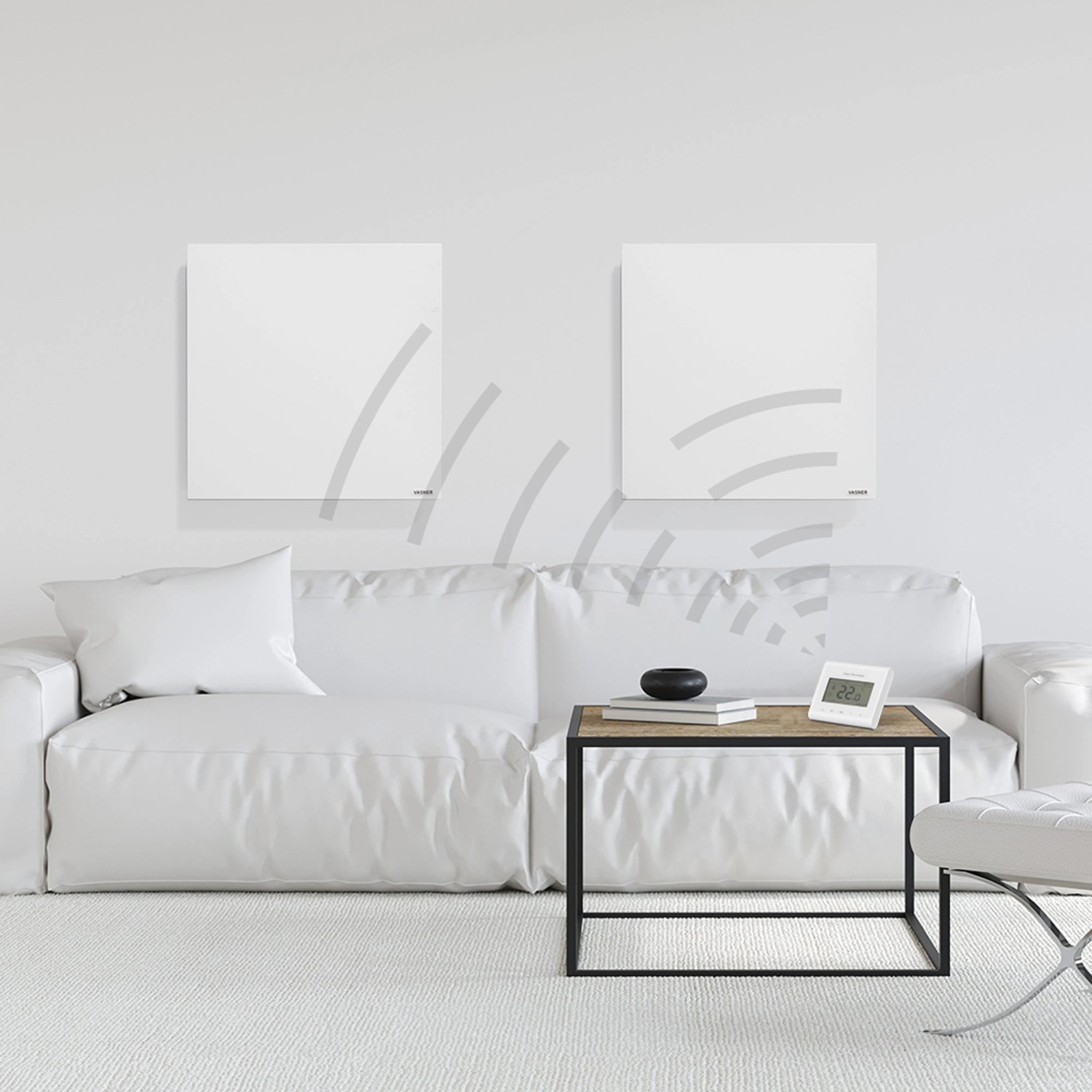Zwei weiße Vasner Infrarotheizungen Citara M RX (1100 W) an einer Wand über einem Sofa.
