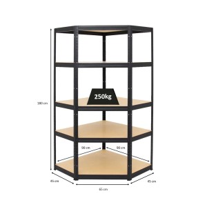 Schwarzes PROREGAL Eckregal Slim Elephant, 180x90x45 cm, mit 5 MDF-Fachböden und hoher Traglast.