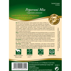 Quedlinburger Peperoni Mix Saatplatte mit drei Sorten: Lombardo, Padron, Hungarian Yellow Wax Hot.