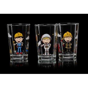 Ritzenhoff & Breker Kinderbecher Set Jungen, 3 Gläser mit Berufe-Motiven: Astronaut, Bauarbeiter, Feuerwehrmann.