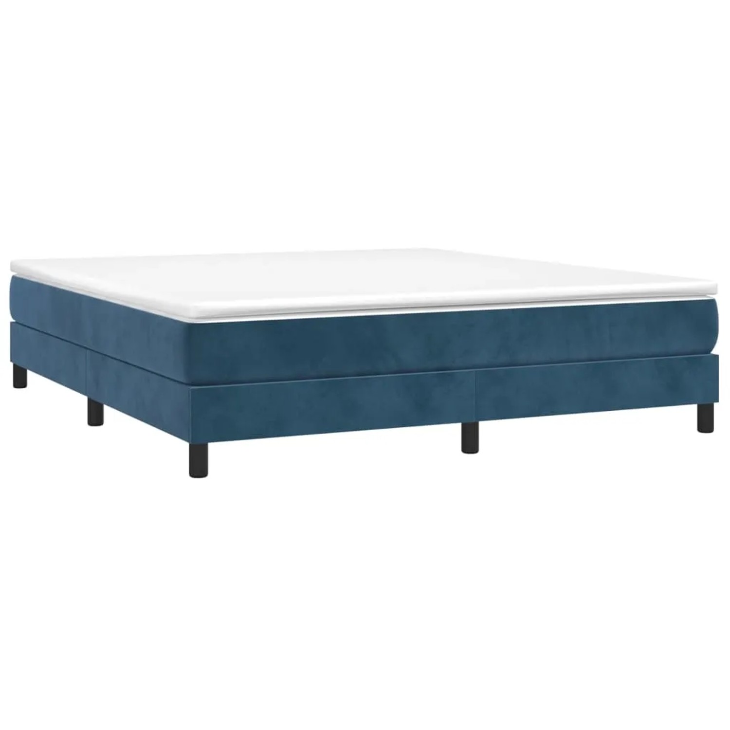 Dunkelblaues Boxspringbett (160x200 cm) mit Samtbezug und weißer Matratze.