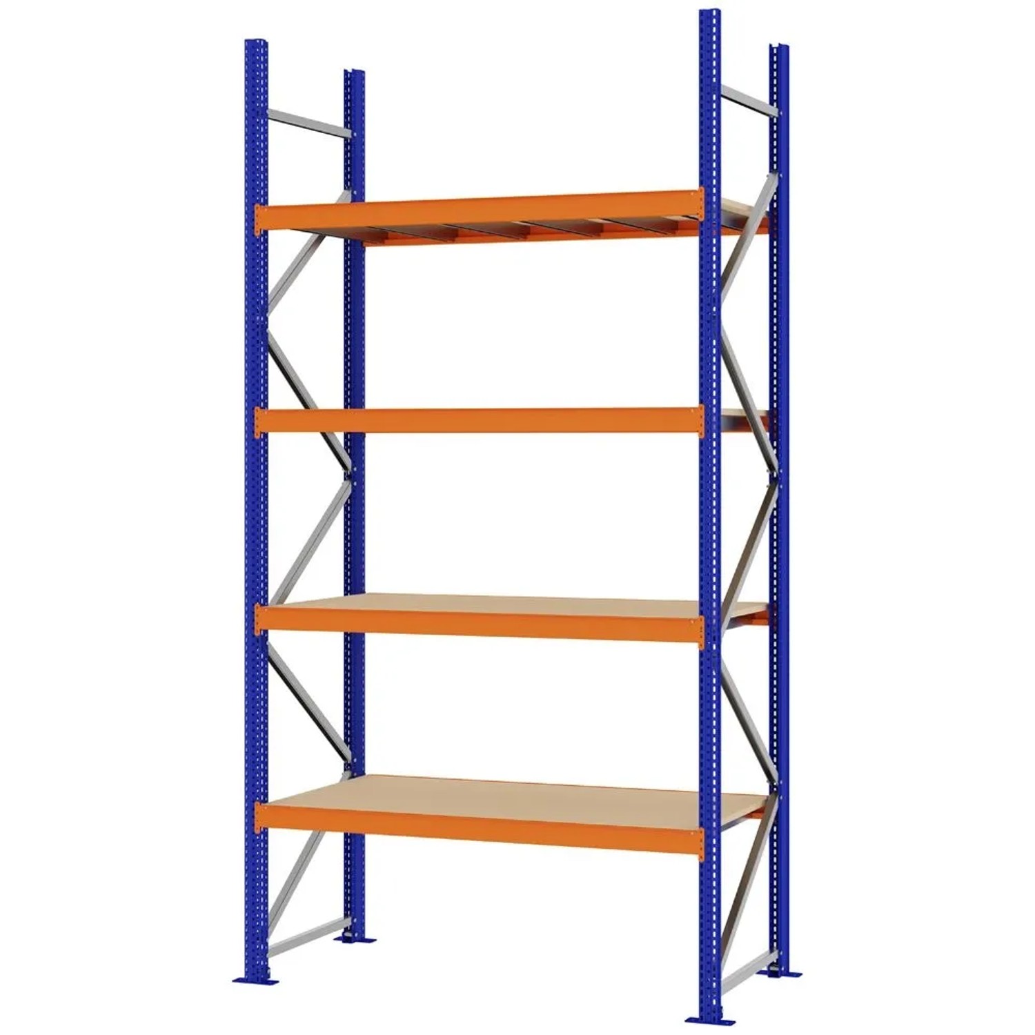 PROREGAL Weitspannregal Schraub-Stecksystem MAGNUS PRO Made In Germany Grundregal 300x150x60cm 4 Ebenen Spanplattenböden Fachlast 750kg Blau/Orange