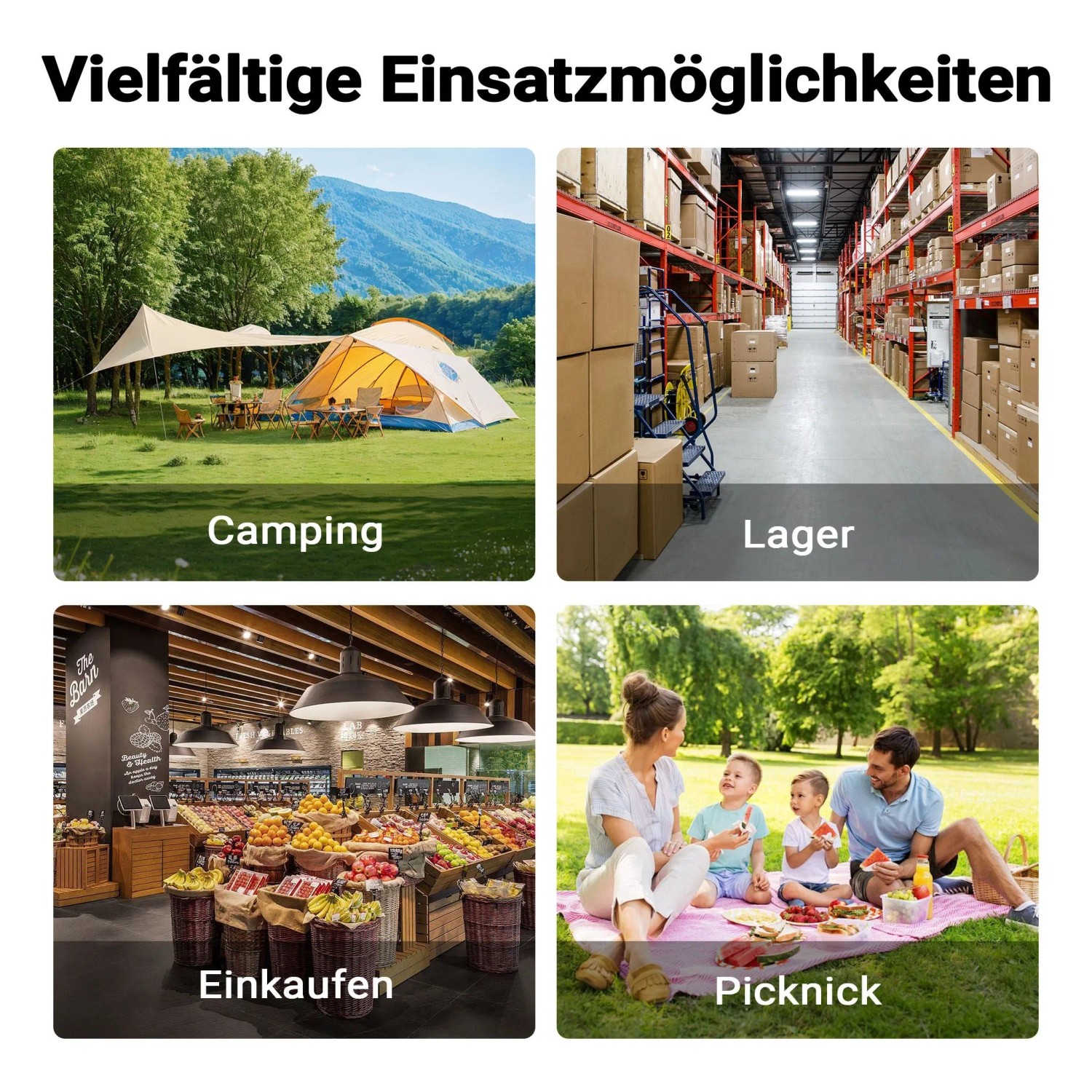 Vielseitige Einsatzmöglichkeiten des Lastenanhängers: Camping, Lager, Einkauf, Picknick. Ideal für Transport.