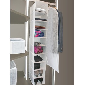 Weiße Hängeaufbewahrung für Schuhe und Textilien mit 10 Fächern im Kleiderschrank.