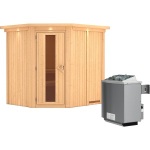 Karibu Sauna Swenna mit Ofen, Dachkranz und Glastür. Massivholz-Sauna für entspannte Stunden.