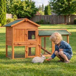Wiltec 2 Etagen Nagerhaus aus Fichtenholz mit grünem Dach; Kind füttert Kaninchen im Freilauf. Ideal für Kleintiere.