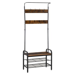 HOMCOM Garderobenständer mit 8 Haken, 2 Ablagen, MDF Schwarz, 72x34x185cm.