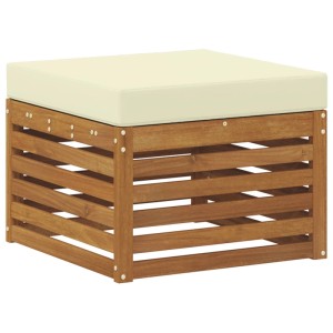 Quadratischer Hocker aus Akazienholz mit creme-farbenem Kissen, Teil des vidaXL Ecksofa Sets.