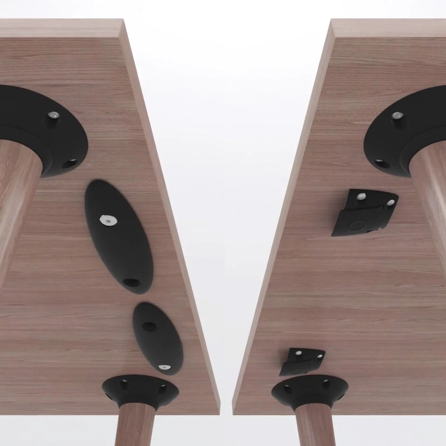 SOTECH Tischplattenverbinder SURF aus schwarzem Kunststoff unter Holztischplatten, zeigt offene und eingeklappte Position für Tischverbindung.