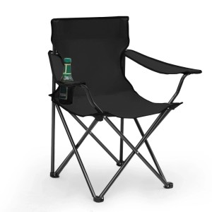 Schwarzer Sunula Campingstuhl mit Getränkehalter und Tragetasche.