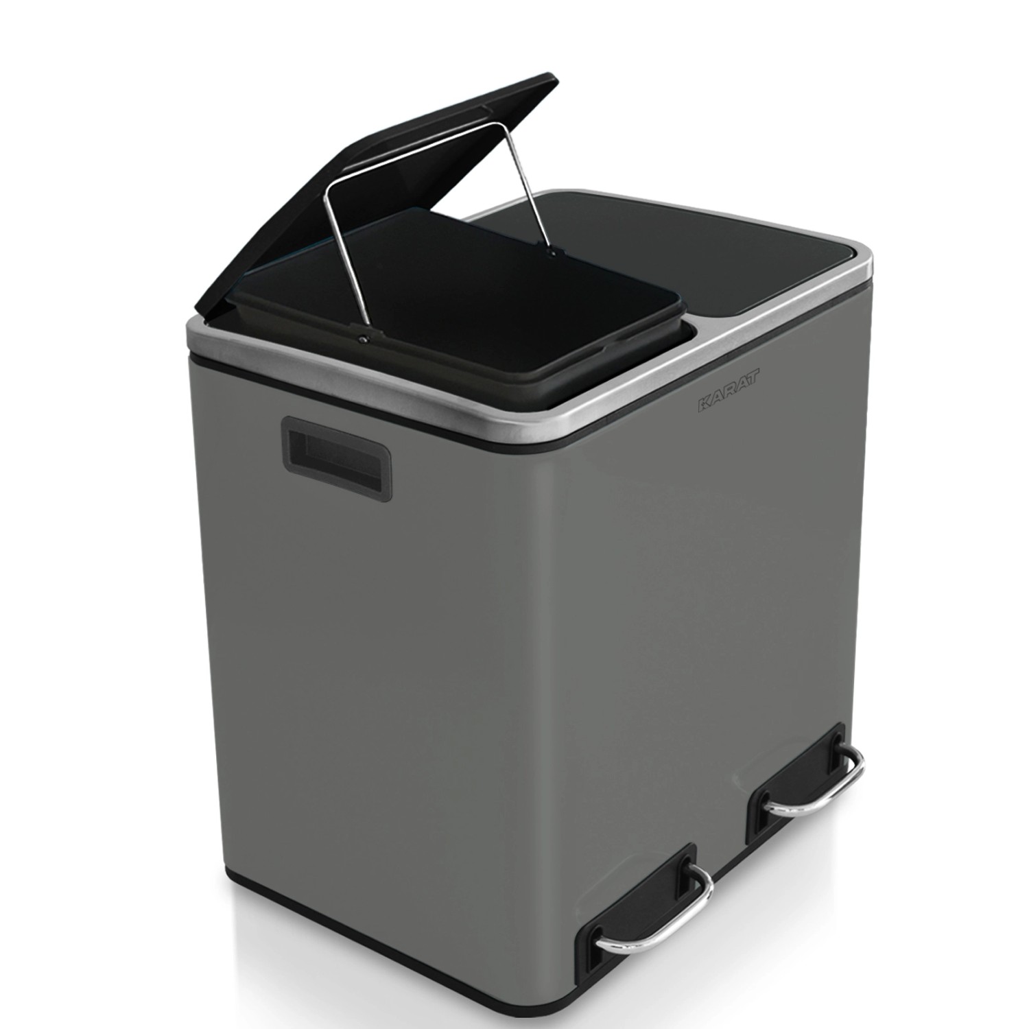Anthrazitfarbener Karat Mülleimer Felix mit 2x30L Trennsystem und Schließdämpfer.