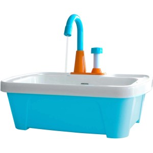 AXI Spielküchen-Spüle mit blauem Becken, Wasserhahn und Zubehör für Kinder.