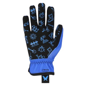 Blauer W+R Industry Kinderhandschuh Größe 6 mit Gartenmotiven.