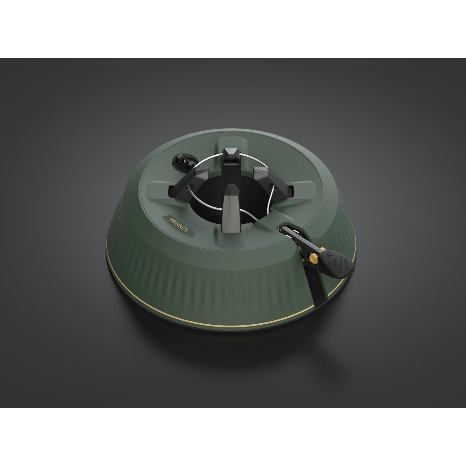 Krinner Christbaumständer X-240 in Grün mit goldenem Akzent und Sicherheitsfußpedal.