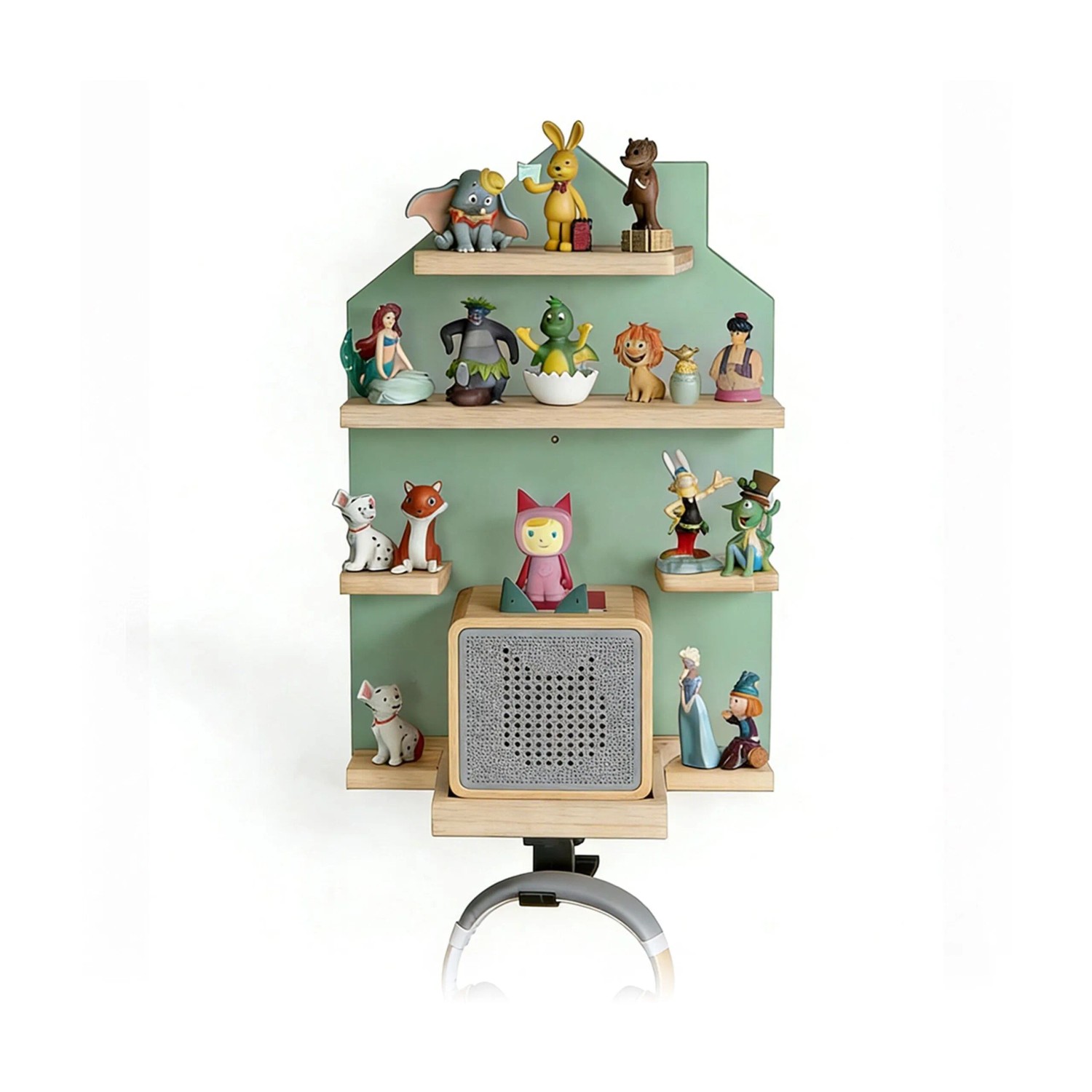 Relaxdays Toniebox Regal Haus MDF Kiefernholz Salbei mit Magnetstreifen 43 cm x 28 cm x 17 cm 1,8 kg